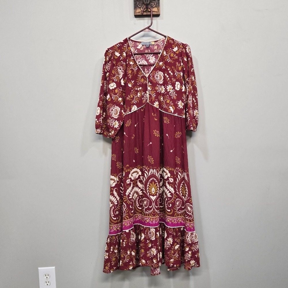 Figueroa & Flower Midi Dress Large Burgundy Floral Boho Peasant Cottage Romantic - Picture 5 of 9
